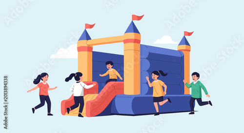 Joyful children playing in a vibrant inflatable pool on a sunny summer day
