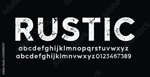 Rustic distressed text style font display with alphabet and numbers