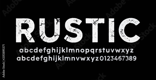 Rustic distressed text style font display with alphabet and numbers