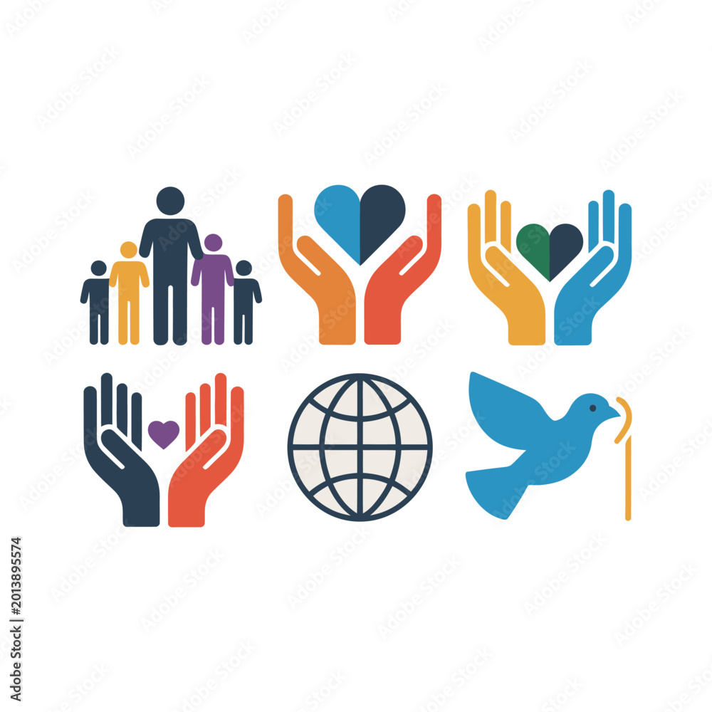 Fototapeta premium Global Unity And Peace, Helping Hands Family Heart Globe Dove, Colorful Modern, Sticker Pack Icon Set, Vector Icons Clipart Collection