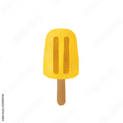 Bild auf Leinwand Simple watercolor illustration of a bright yellow popsicle on a wooden stick, isolated on a white background, depicting a refreshing summer treat
