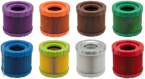 Colorful air filters on white background