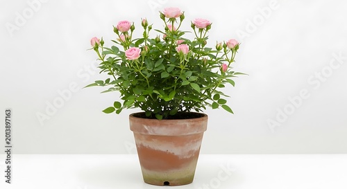 Pink rose bush in a terracotta pot