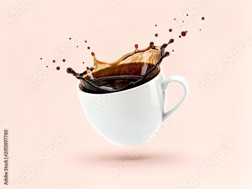 Coffee cup floating with splash, beverage brand concept