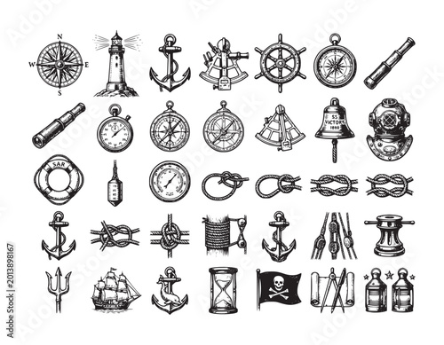 Maritime vintage collection featuring compass lighthouse anchor navigation instruments telescope ship bell diver helmet rope knots and adventure equipment icons.