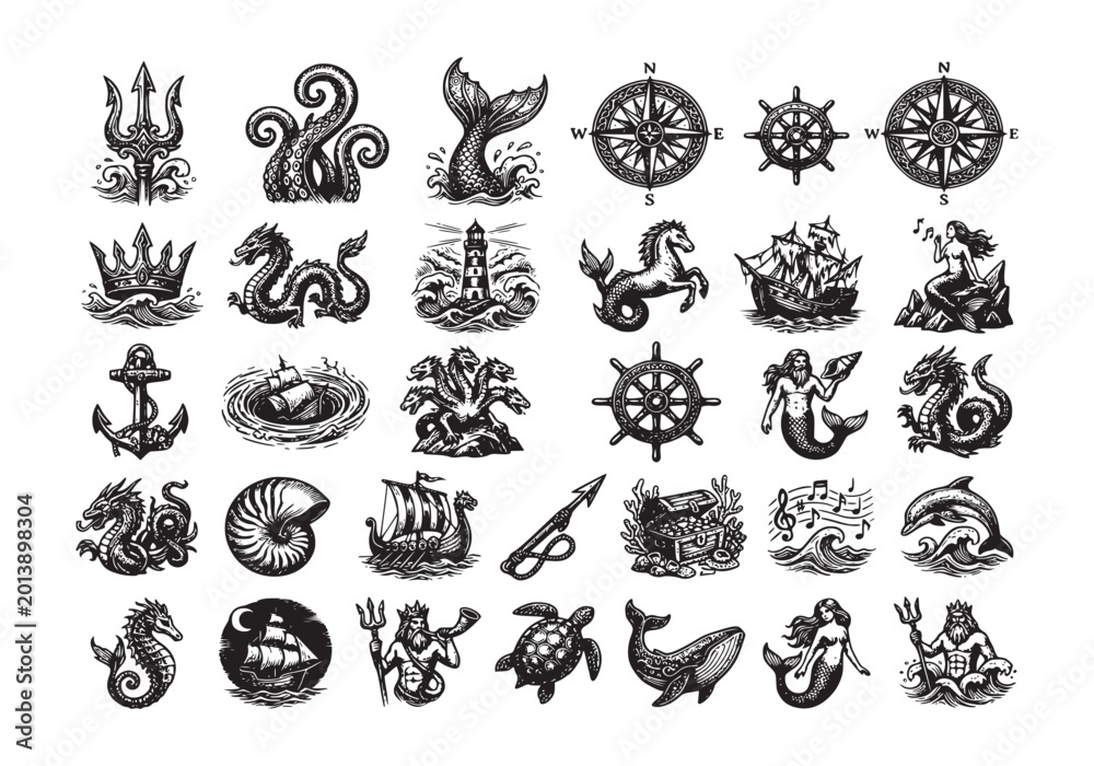 Fototapeta premium Nautical themed collection of vintage illustrations featuring trident, kraken, mermaid tail, compass rose, pirate ship, lighthouse, and anchor.