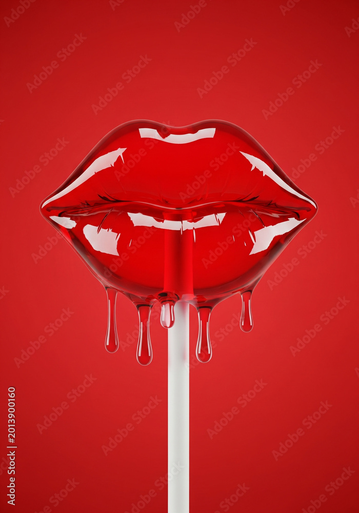 Obraz premium Glossy red lip-shaped lollipop melting and dripping on a white stick against a vibrant red background.
