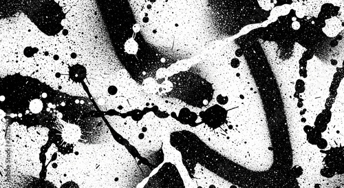 Abstract black and white paint splatters and strokes create a grunge textured background with a distressed artistic effect.