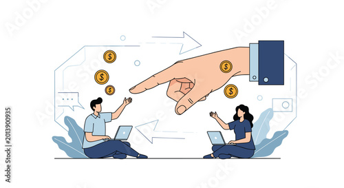 Large corporate hand facilitates a digital money transfer and payment transaction between two entrepreneurs using laptops.