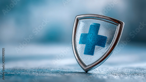 A shield with a blue cross symbol on a blurred background with soft light during daytime