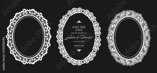 Vászonkép Elegant lace oval frames with vintage ornate borders and floral embroidery patte
