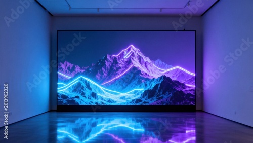 Art installation with neon mountain display