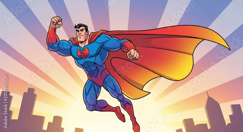 Bilde på lerret Superhero Flying Above City Skyline with Sunburst Background Cartoon Illustratio