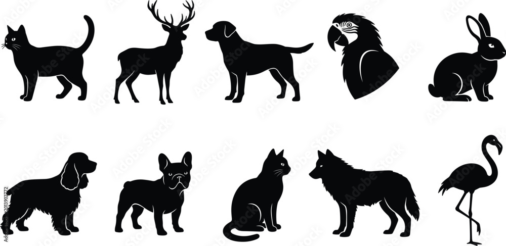 Fototapeta premium Domestic and Wild Animal Silhouette Collection Featuring Pets Birds and Forest Wildlife Vector Illustration Set