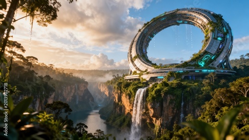 Futuristic ring structure over waterfall