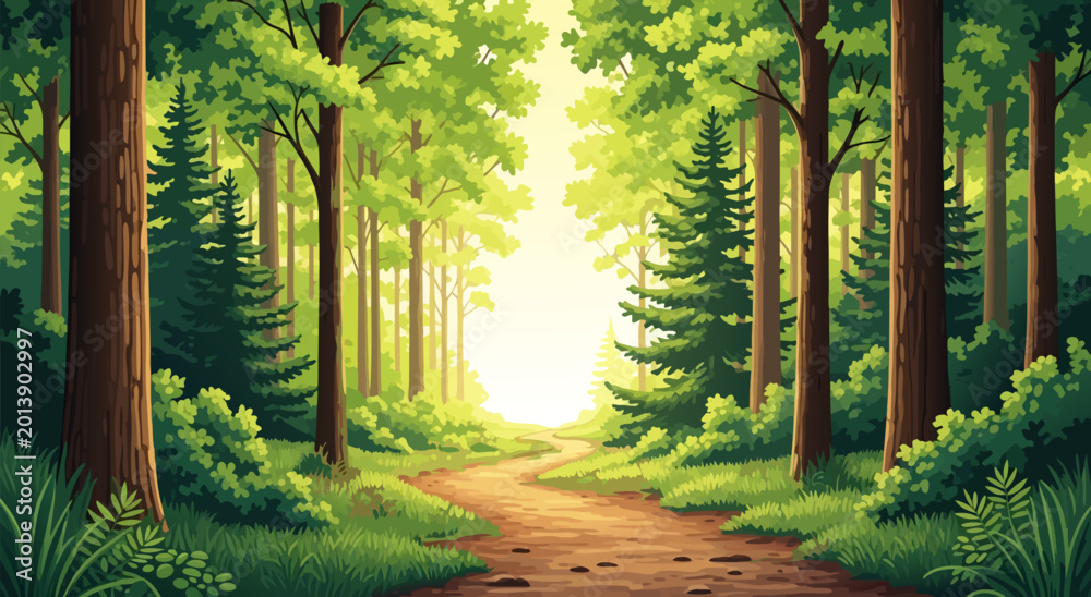 Obraz premium Enchanting forest path leading to a bright, sunlit clearing in a serene nature vector illustration, perfect for outdoor adventure and tranquility