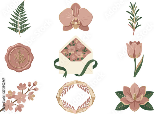 Fotografia Soft Flat Icon Set with Fern Orchid Rosemary Wax Seal Floral Envelope Tulip Cher