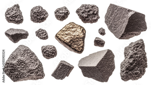 Fotografía Isolated diverse metallic samples including porous grey fragments and a gold nug