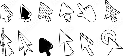 Hand drawn vector set of cute mouse cursor arrows and clicking hand pointers in doodle style