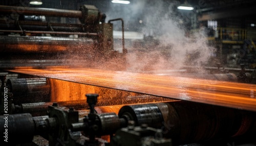 Focused medium shot capturing a long steel strip glowing orange as light cooling spray mists the surface with blurred machinery and steam in the background.