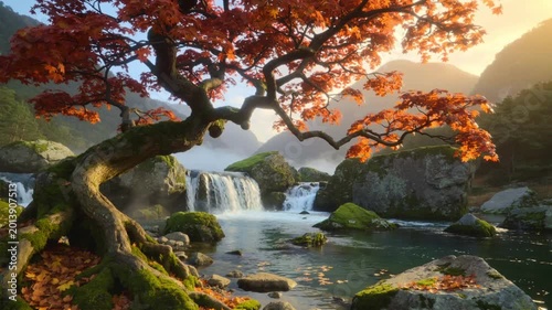 Peaceful  countryside in autumn season ,clear river stream, maple trees with  orange leaves foliage on the ground and  golden sunlight