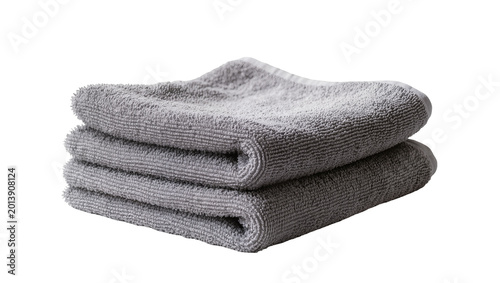 Obraz na plátně Isolated stack of three folded grey plush towels, soft textile for home and spa