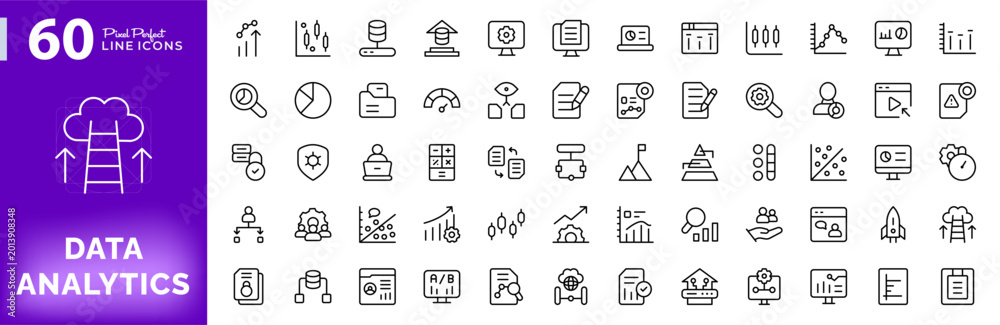 Fototapeta premium Data analytics line icon set. Business, financial, reporting, growth, chart, graph, and professional statistics visualization vector icons pack. Editable icon illustration