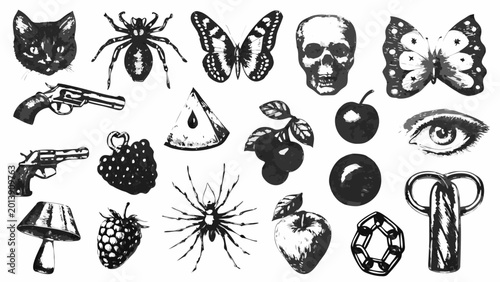 Canvastavla assortment of sketched objects including a cat spider skull and fruit on a white