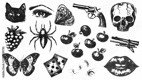 Tableau sur toile assortment of illustrated objects including a cat skull spider and fruit on a wh