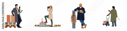 Photos Flat vector illustration of professional workers in logistics, construction, and shipping industries, including supervisors, inspectors, and foremen on a white background