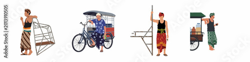 Photos Set of illustrated Indonesian men in traditional sarongs standing with bicycle rickshaws and street food carts, isolated on a white background