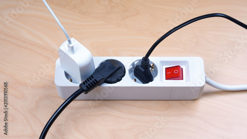 power outlet strip with multiple european AC plugs and charger in sockets