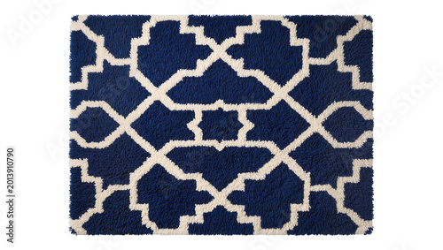 Foto Isolated fluffy blue and white geometric pattern rug for cozy home interior deco