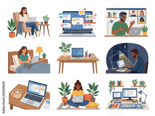 People Working from Home on Laptops in Cozy Rooms and Video Meeting Scenes