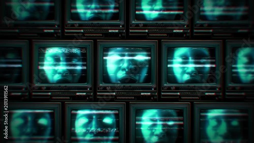 A looping background of stacked retro televisions with distorted glitch and interference noise featuring strange scary faces.
