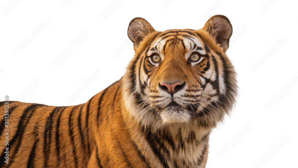 Obraz premium Isolated majestic tiger looking straight ahead, powerful wild cat with striking fur and intense golden eyes