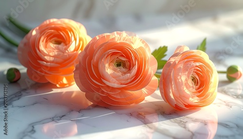 Three delicate peach-colored ranunculus flowers with green stems and buds arranged on a marble surface, soft sunlight casting shadows, evoking spring and natural beauty