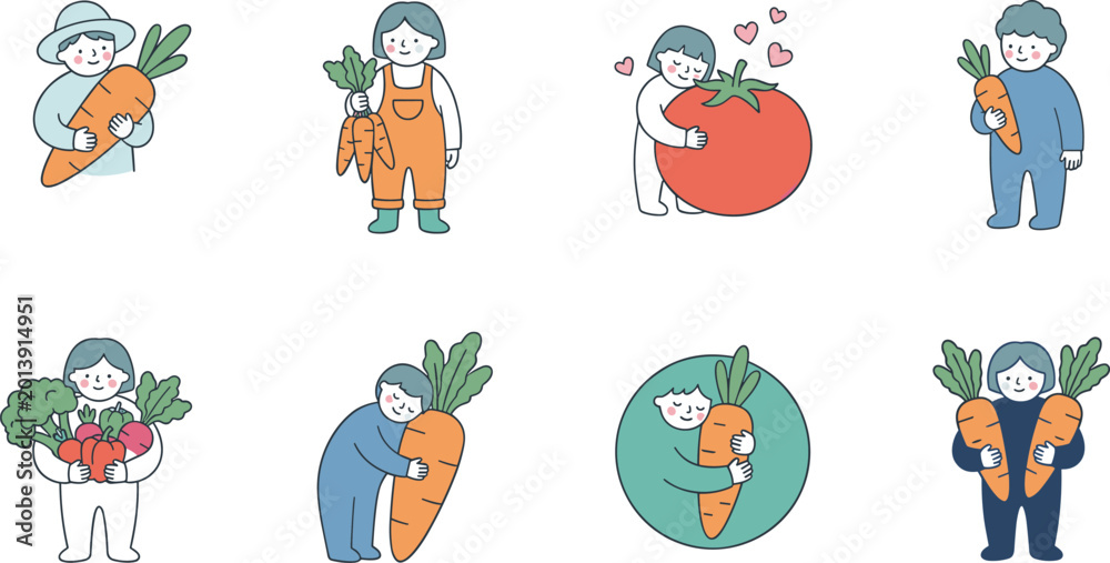Obraz premium Set of cute hand drawn characters hugging giant vegetables for healthy eating education and organic vegan lifestyle concepts