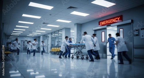 Hospital emergency room staff frantically pushing a patient on a stretcher down a brightly lit, busy medical facility hallway.