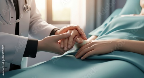 Close up of a caring doctor holding a patient's hands resting on a green bedsheet, offering comfort and emotional support.