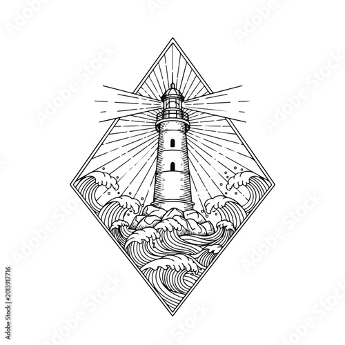 Lighthouse Towering Above Ocean Waves.
