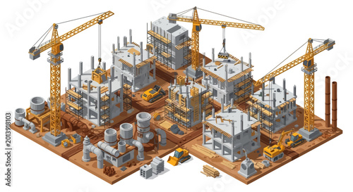 Photos Isometric Construction Site with Cranes and Building Structures.