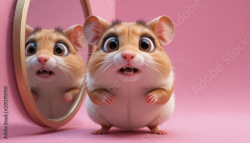 Cute surprised hamster looking at its own reflection in a round golden mirror