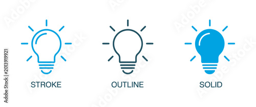Light bulb icon set, editable stroke outline and solid vector styles idea energy innovation minimal symbol collection
