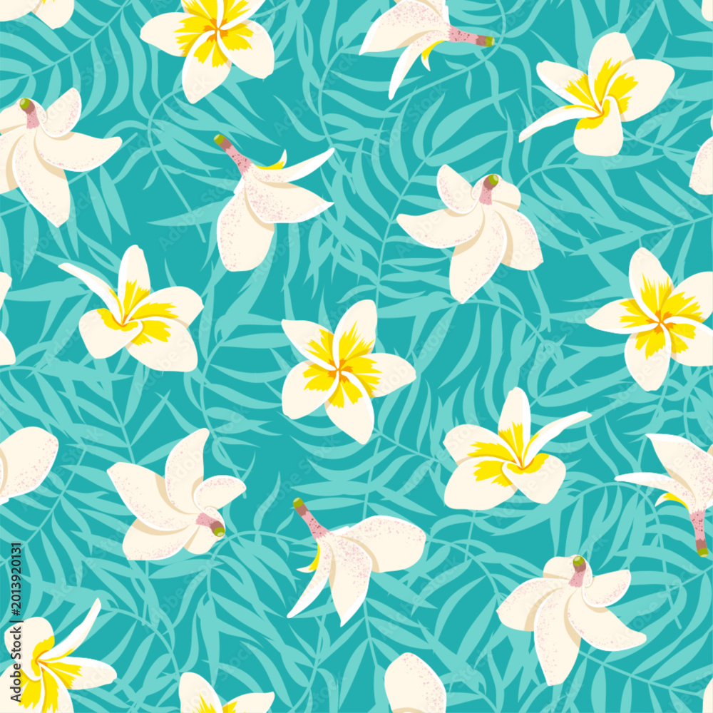 Fototapeta premium Palm leaves and Plumeria seamless pattern. Vector cute tropical Hawaiian flower print on blue palm background. Cute summer flat texture for wrapping, fabric, beach party decor, textile, cover, fashion