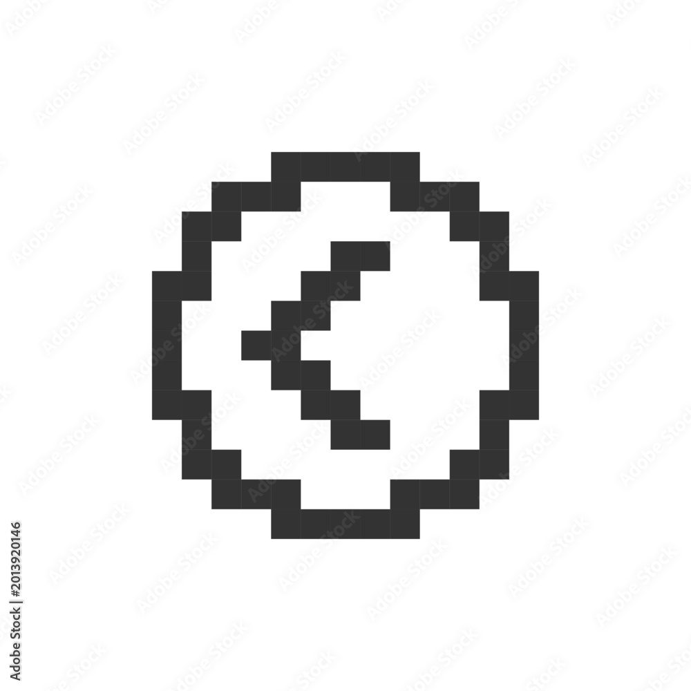Obraz premium Arrow left button pixelated ui icon. Move back. Toolbar control. Previous track. Menu. Editable 8bit graphic element. Outline isolated vector user interface image for web, mobile app. Retro style