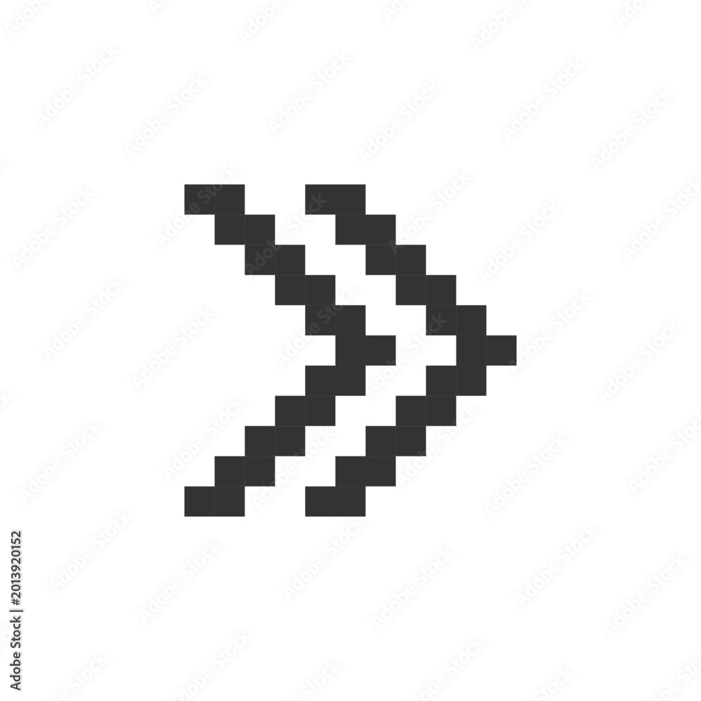 Obraz premium Right double arrow pixelated ui icon. Guillemets. Fast forward button. Speed up. Editable 8bit graphic element. Outline isolated vector user interface image for web, mobile app. Retro style