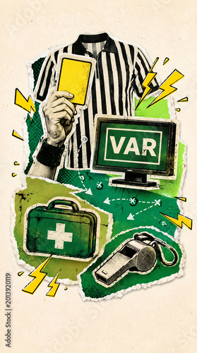 Pop Art Halftone Football Referee Decision Illustration, 2026 Football Tournament, VAR Technology Sports Collage Design, Torn Paper Sticker Style, Vertical bg