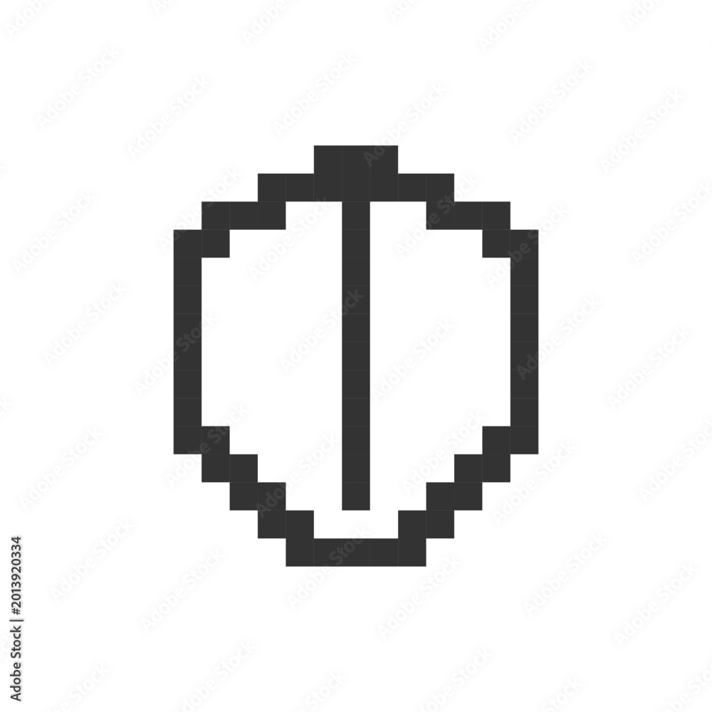 Obraz premium Knight shield pixelated ui icon. Medieval equipment. Protection and security. Editable 8bit graphic element. Outline isolated vector user interface image for web, mobile app. Retro style