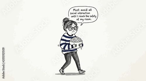 Fotografija Nervous woman carrying large bowl of popcorn walking quickly to reach safety of her room avoiding social interaction